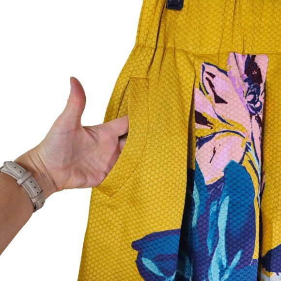 Anthropologie Maeve Textured Jacquard Skirt 4 Yellow Blue Floral Pleated Short - Picture 3 of 10